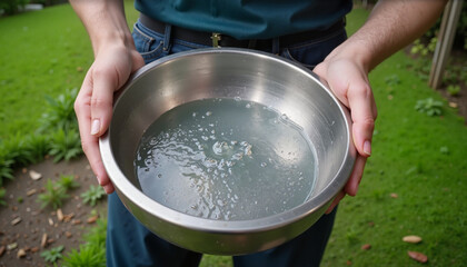 Person holding a stainless steel bowl filled with water in a green garden