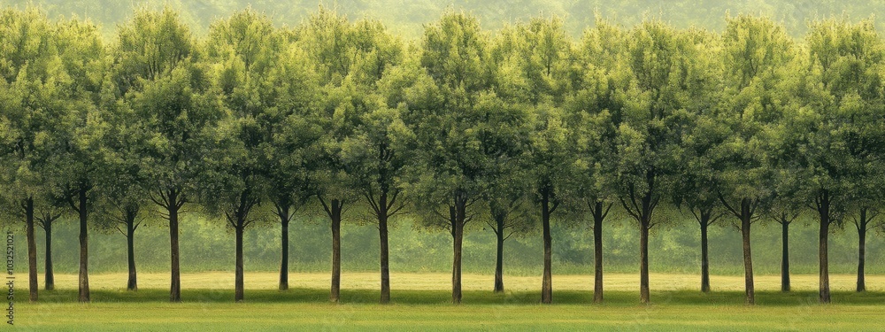 Poster symmetrical grove of uniform trees, a serene landscape showcasing a perfectly aligned row of identic