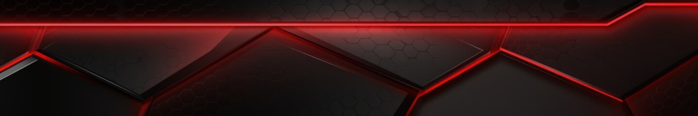 Black hexagon background. Close-up a surface made up of hexagonal shapes, honeycomb pattern. Illuminated red outlines. Geometric, futuristic and modern design