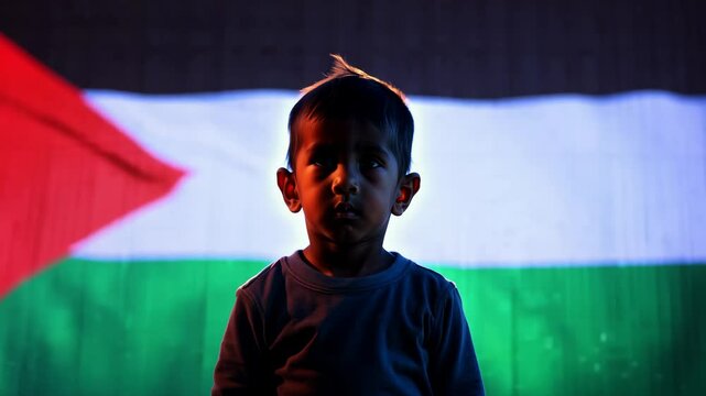 A serious child stands in front of a building with the Palestinian flag projected on the wall, illuminated by vibrant color lighting, creating a dramatic and symbolic atmosphere