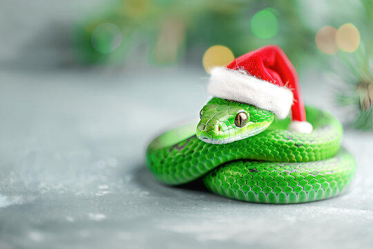 Green sanke in a Santa hat as sign of a new Year 2025
