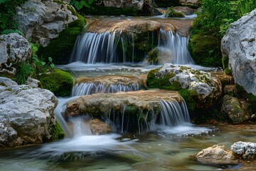 Fototapeta premium Serene Cascading Waterfalls in a Lush Green Landscape