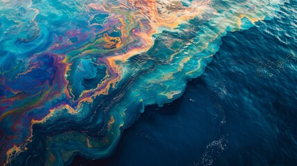 Aerial View of Oil Spill: Iridescent Patterns on Open Ocean Waters