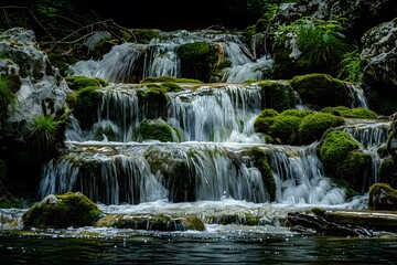 Fototapeta premium Serene Cascading Waterfall Surrounded by Lush Greenery