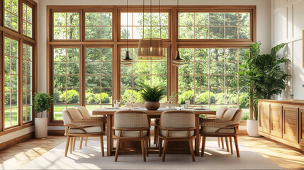 Fototapeta premium Simple, airy dining room with Scandinavian-inspired furniture, soft natural light, and a neutral color scheme