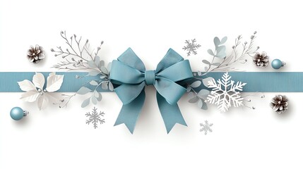 a whimsical Christmas bow clipart, snowflake pattern, watercolor illustration, baby blue and silver, isolated on white background
