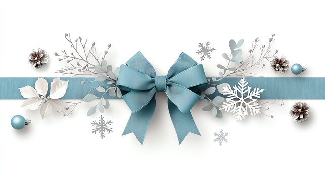 a whimsical Christmas bow clipart, snowflake pattern, watercolor illustration, baby blue and silver, isolated on white background
