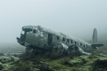 Eerie WWII Bomber Wreckage on Foggy Scottish Moor - Historic Military Aviation Scene