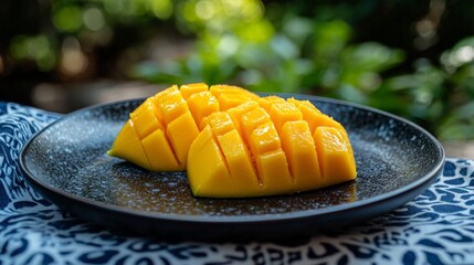 Freshly Sliced Ripe Mango Cubes on a Black Plate, Tropical Fruit, Healthy Eating, Generated AI