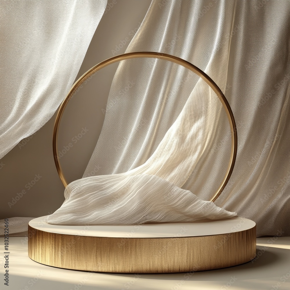 Poster elegant display of flowing fabric within a golden circular frame in a softly lit setting