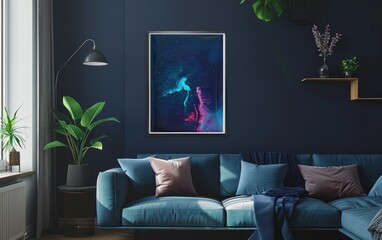 Modern living room with teal sofa, wall art, and indoor plants. Interior design and home decor concept.