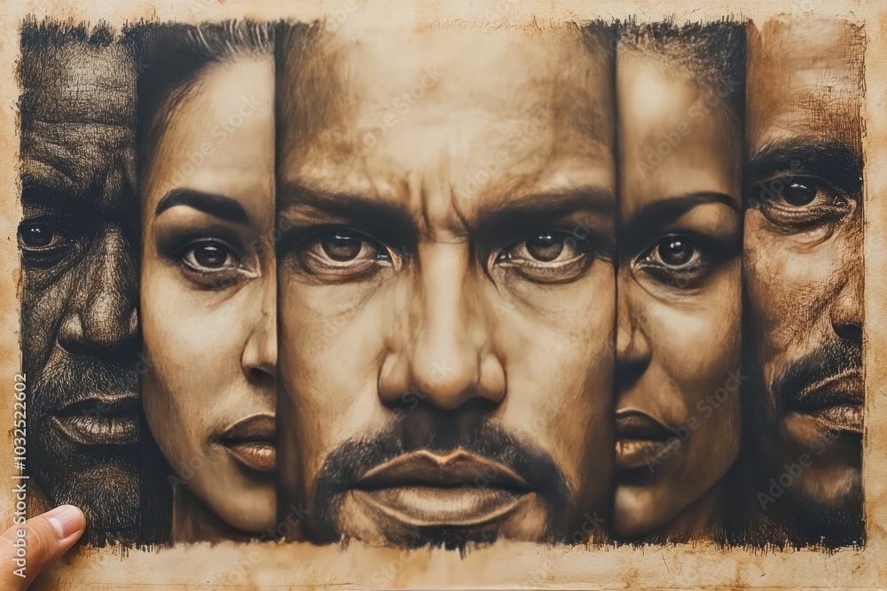 Poster portrait of a man and two women with serious expressions on a weathered background symbolizing ident