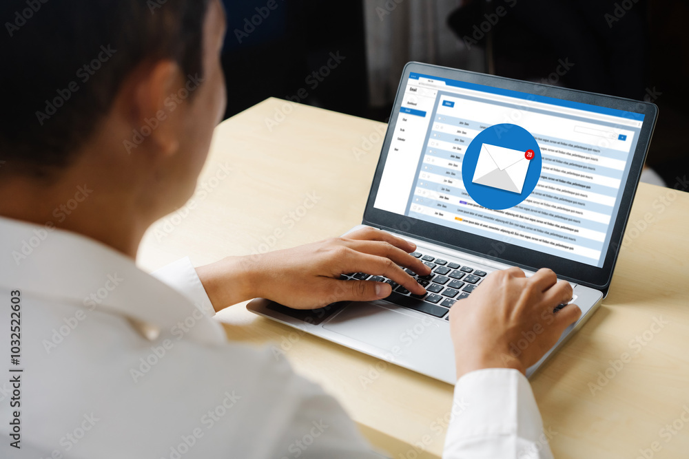 Poster email notification message showing on computer screen snugly. digital marketing message information 