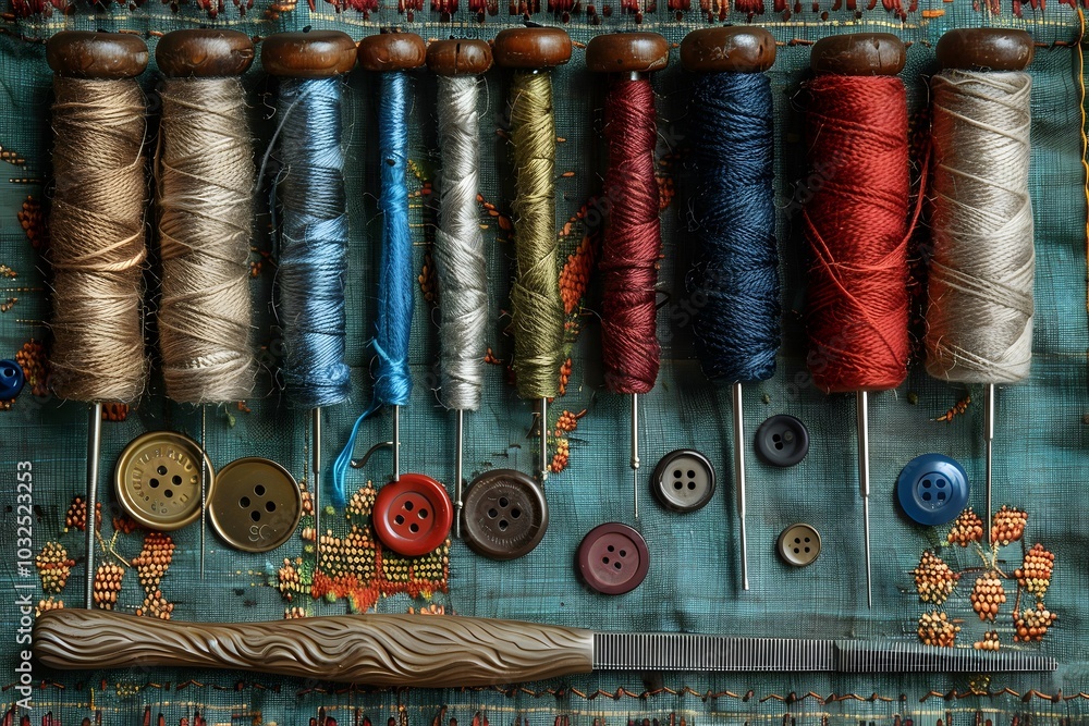 Poster a colorful array of threads and buttons for creative sewing projects