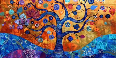 Painting of a tree with colorful leaves and swirls in a circle