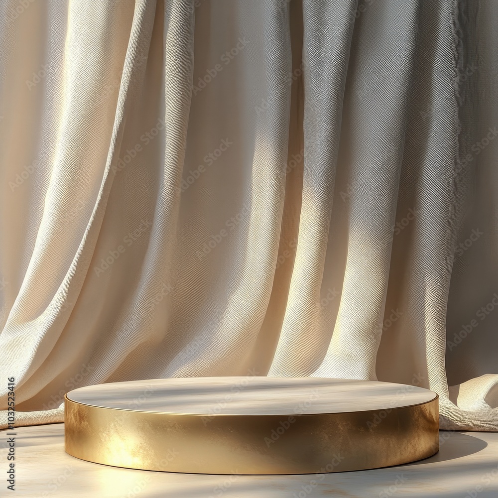 Poster elegant display of flowing fabric within a golden circular frame in a softly lit setting