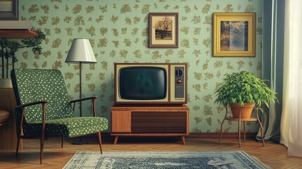 Stylish retro living room interior showcasing a green armchair, vintage TV set, and floral wallpaper for a nostalgic atmosphere.