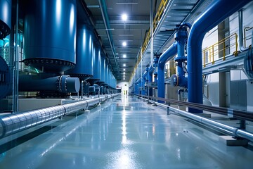 Modern Industrial Facility with Blue Pipes and Tanks