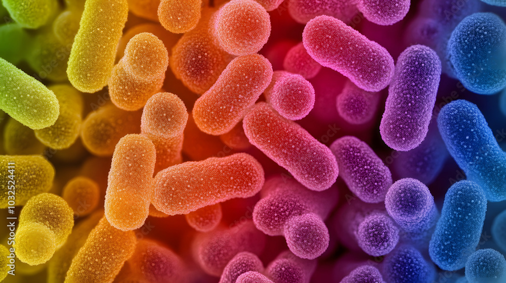 Poster microscopic view of probiotic bacteria colonies showcasing intricate patterns and structures of bene