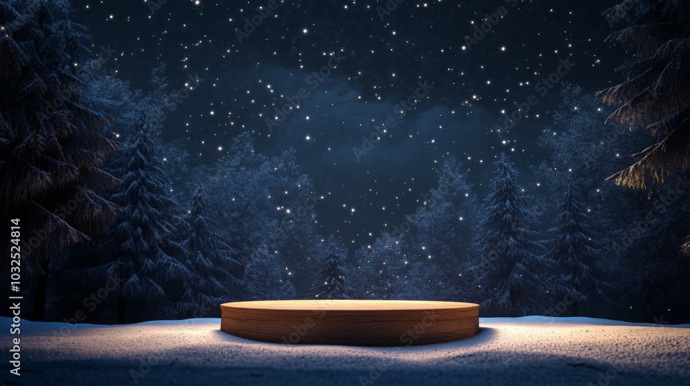 Poster a circular wooden platform sits in the middle of a snowy forest. the background is a dark blue sky f