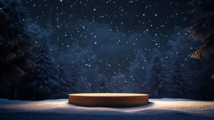 A circular wooden platform sits in the middle of a snowy forest. The background is a dark blue sky filled with stars and snow.