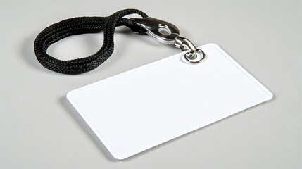 A clean white name tag with a blue lanyard resting on a smooth gray surface in a serene and professional setting