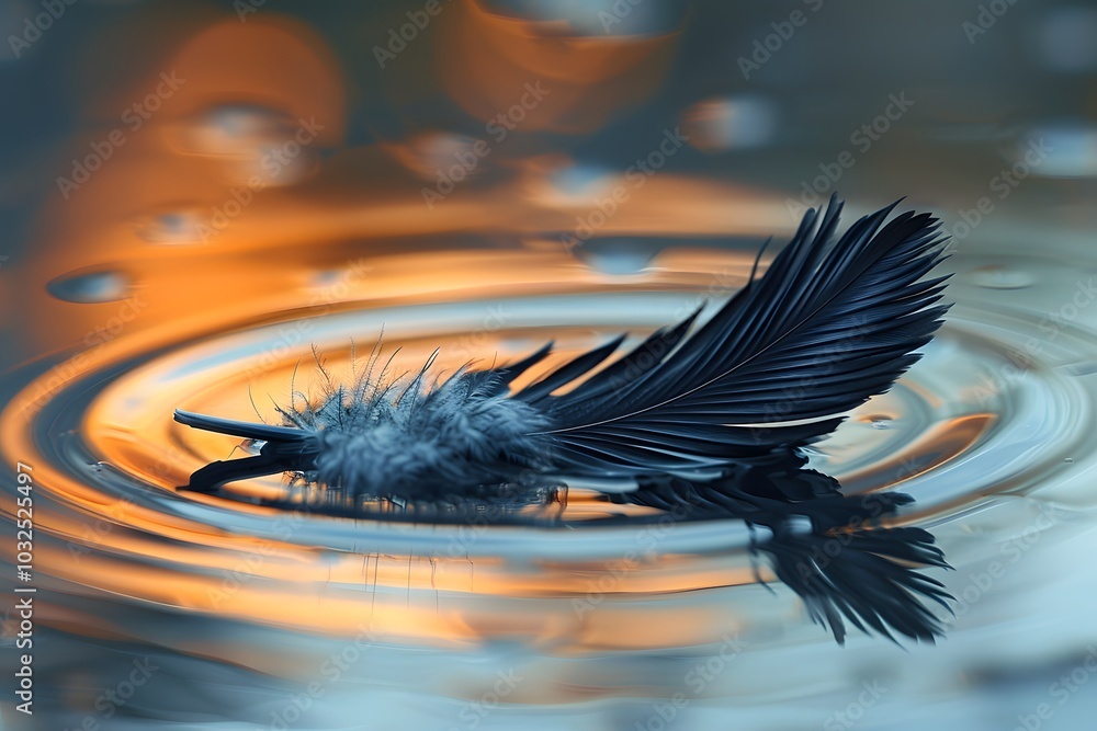 Poster a serene feather floating on water with captivating reflections