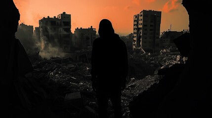 Silhouetted man standing in distroyed city. A story of survival in the ruins of a city at dusk. Concept of war zone, conflict, no one behind left. Generative AI