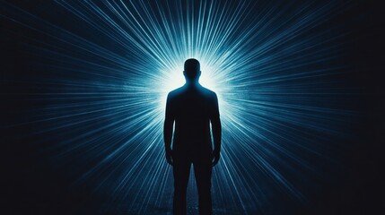 Fototapeta premium A silhouette of a man standing in a bright blue light with a dark background.