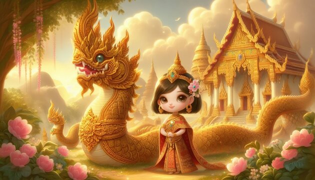 A whimsical cartoon-style depiction of a young Thai princess in a traditional golden and red outfit, adorned with intricate patterns. She stands gracefully beside a majestic, golden-scaled Naga serpen