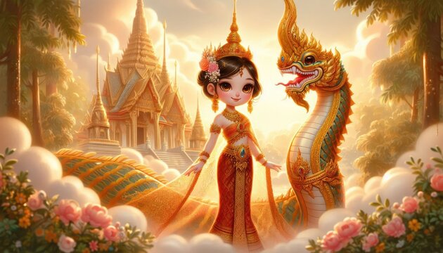 A whimsical cartoon-style depiction of a young Thai princess in a traditional golden and red outfit, adorned with intricate patterns. She stands gracefully beside a majestic, golden-scaled Naga serpen
