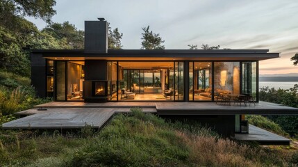 Obraz premium Minimalist home with large windows, blending seamlessly into its natural surroundings