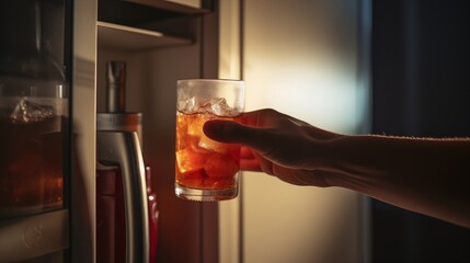 A hand elegantly reaching into a refrigerator to grab a glass filled with amber liquid and ice for a refreshing drink