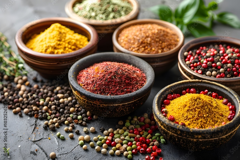 Poster a colorful array of spices in rustic bowls