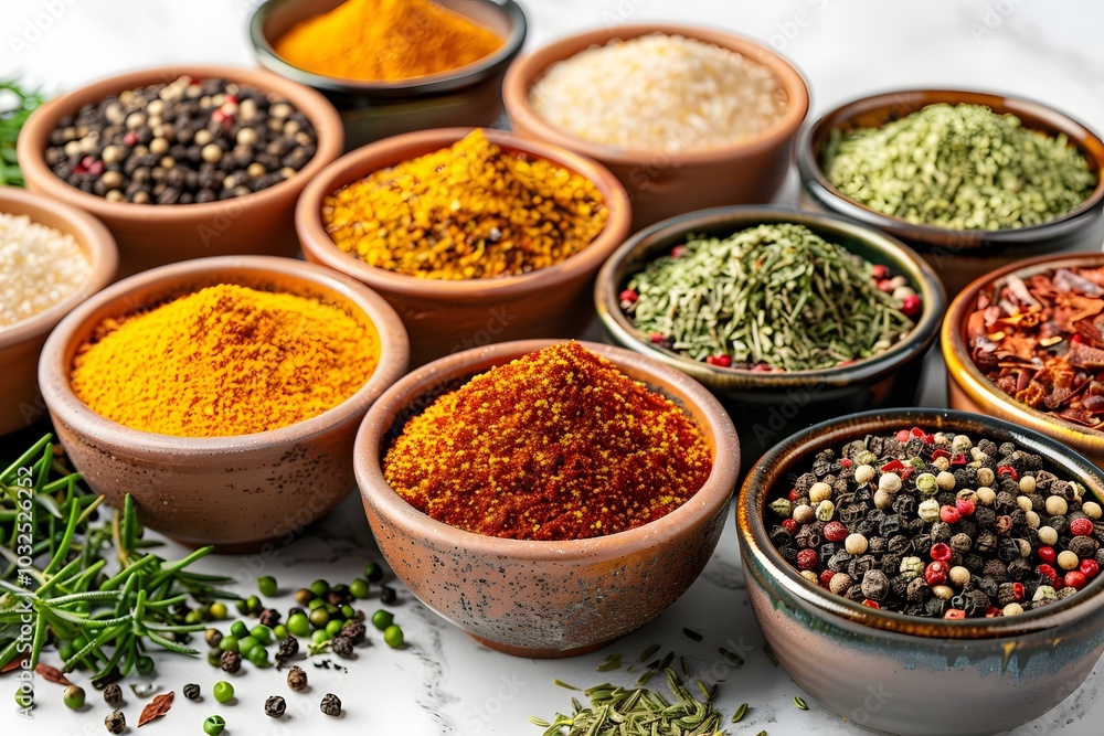 Poster a colorful array of spices in rustic bowls