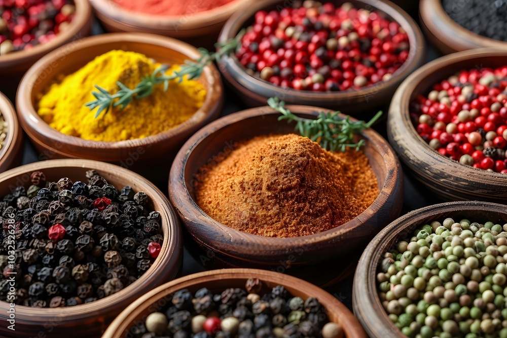 Poster a colorful array of spices in wooden bowls