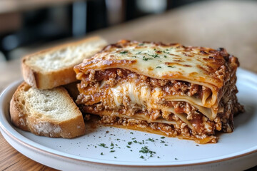 A big slice of homemade lasagna with layers of melted cheese, served with garlic bread on a wooden table in a cozy kitchen.