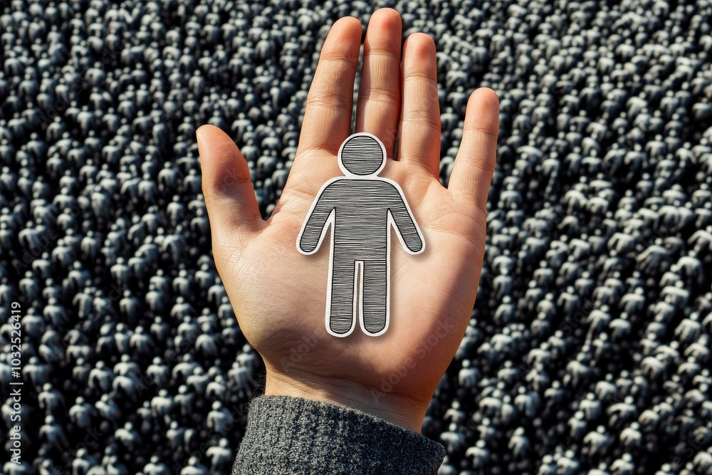 Aufkleber hand with a paper figure placed among a vast crowd of smaller figures symbolizing individual signifi
