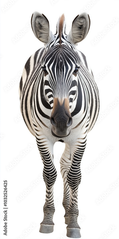 Poster a zebra is standing in front of a white background. the zebra is looking directly at the camera