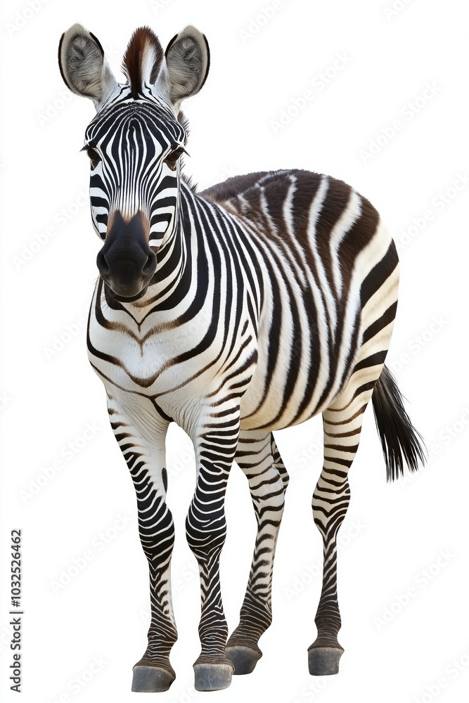 Poster a zebra standing in front of a white background. the zebra is the main focus of the image, and it is