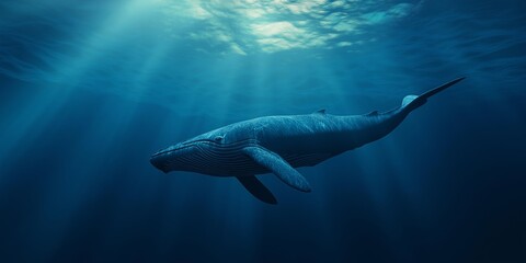 A whale is swimming in the ocean with the sun shining on it. The scene is peaceful and serene