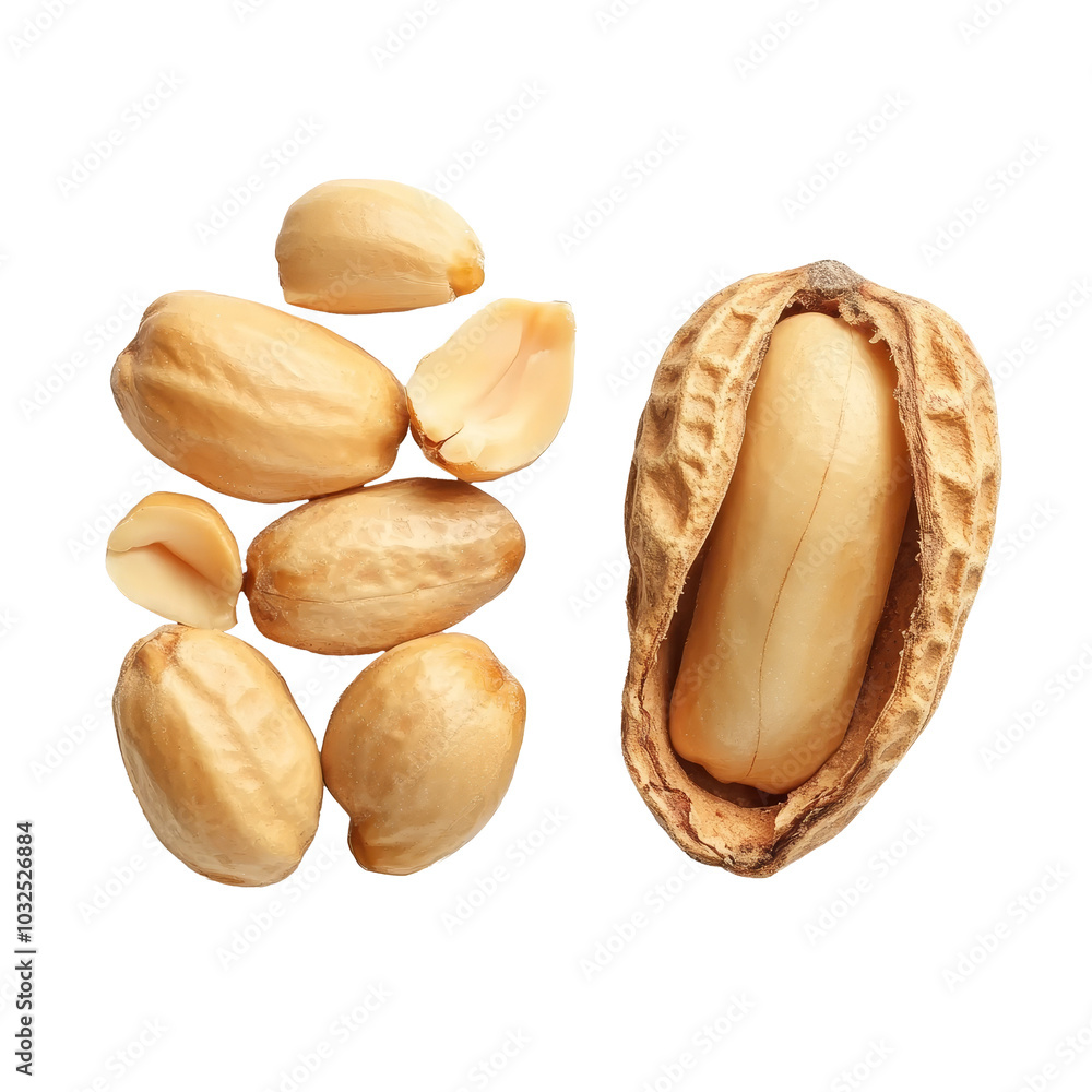 Poster Multiple angles of peanuts on a transparent background showcasing their natural texture and shape, Difference angle of peanuts isolated on transparent background