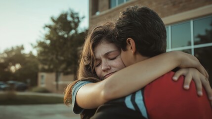 Emotional moment as two teenagers share a heartfelt hug outside their school building during a difficult time.
