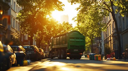 Obraz premium Green garbage truck collects bins in a sunlit street 