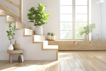 Farmhouse home interior design of modern living room with wooden staircase.