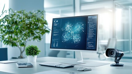 Obraz premium A close-up view of a doctor computer monitor displaying a telehealth consultation interface, alongside a professional webcam in a bright, minimalist office.