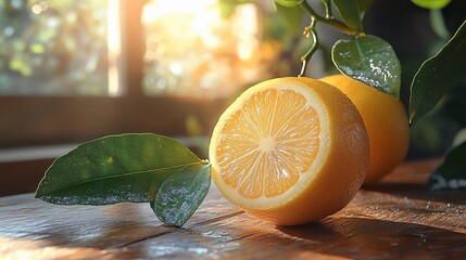 A halved lemon with a whole lemon behind it, on a wooden table with green leaves and sunlight in the background.