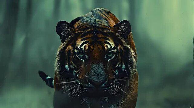 Majestic tiger prowling through a misty forest with a fierce gaze.