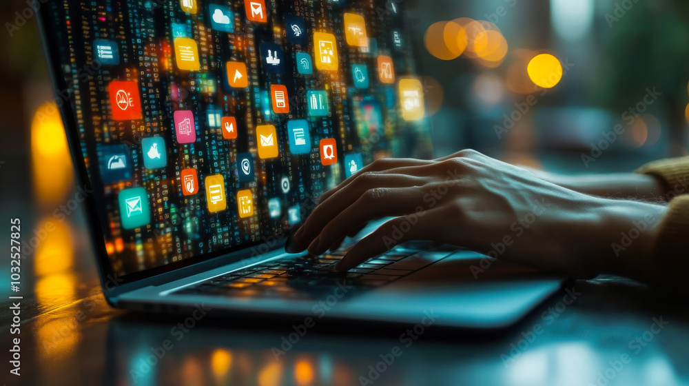 Poster user engaging with digital applications on a laptop amidst colorful bokeh lights in an urban setting