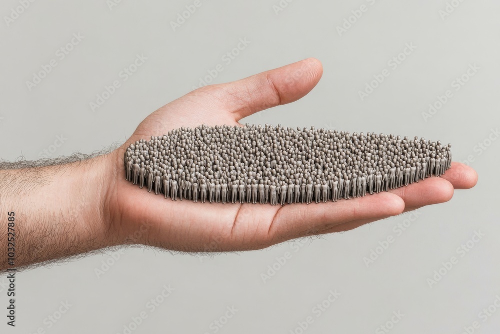 Poster hand holding a mass of grey pebble like figures symbolizing conformity unity and uniformity in a min
